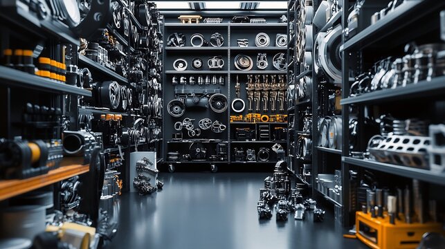 A Well-Organized Auto Parts Store Interior with Various Engine Components and Accessories