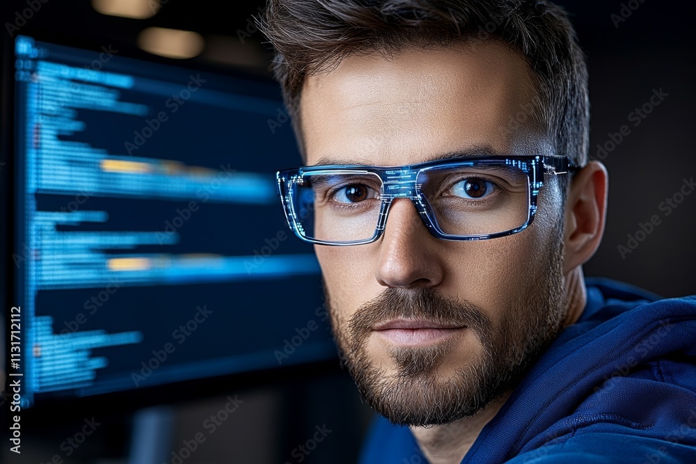 Aufkleber An IT professional configuring an ERP system on dual monitors, surrounded by code and diagrams