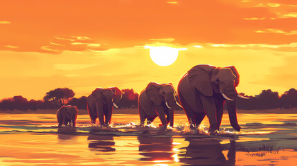 African elephants crossing river at sunset tourists watch. Goldenhour. Illustration