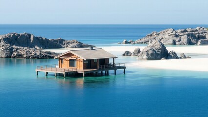 Fototapeta premium Seaside Serenity: A Tranquil Escape in a Wooden Cabin on the Water