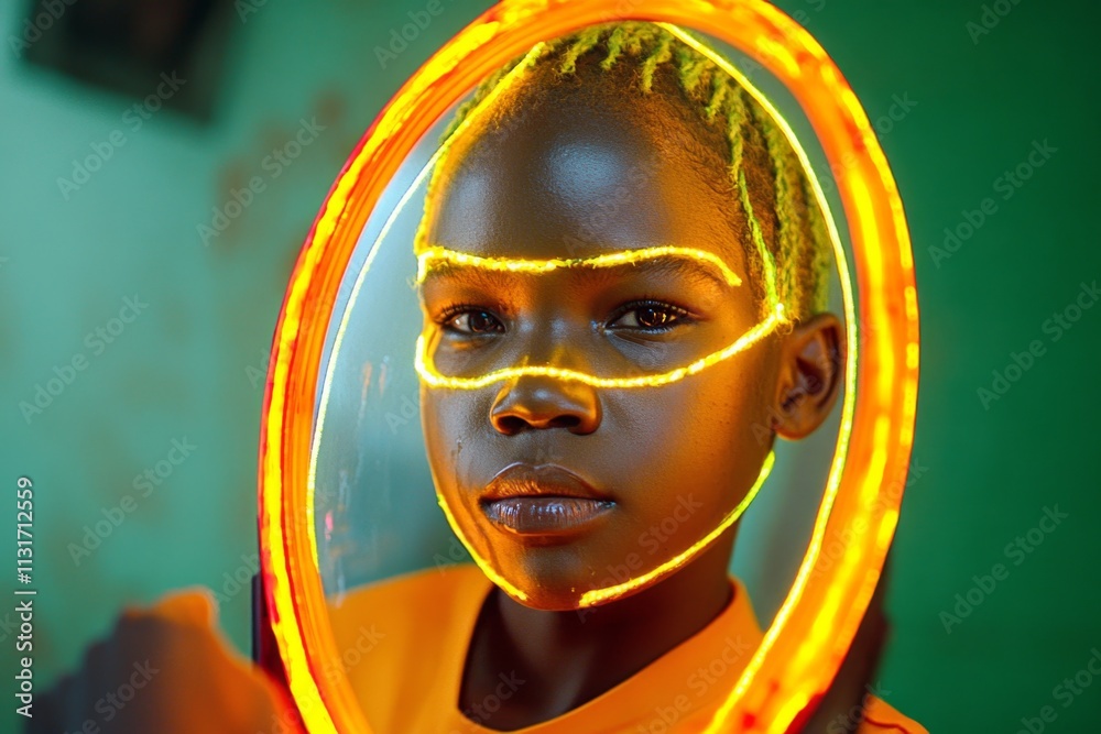 Poster an ultra-detailed image of a person looking at themselves in a mirror, with fine details showing a w