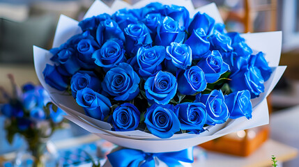 A vibrant bouquet of blue roses, a symbol of love and mystery, blooms beautifully on a
Blurred background