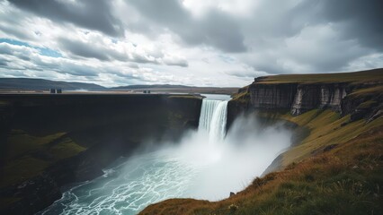 Majestic Waterfall in Icelandic Landscape, Perfect for Nature Lovers and Travel Enthusiasts