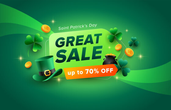 3d St Patrick’s Day sale background design. Leprechaun hat, shamrock, pot of gold coins on green strap background. Vector illustration for promotion. 