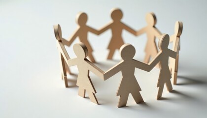 Paper figures form circle holding hands. Teamwork, unity displayed. Mutual respect, understanding among team members. Simple figures show solidarity. Good for unity, team concepts. Suitable for