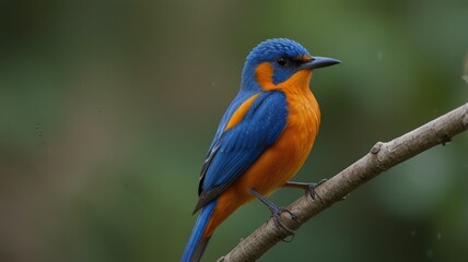 Obraz premium Vibrant blue and orange bird perched on branch.