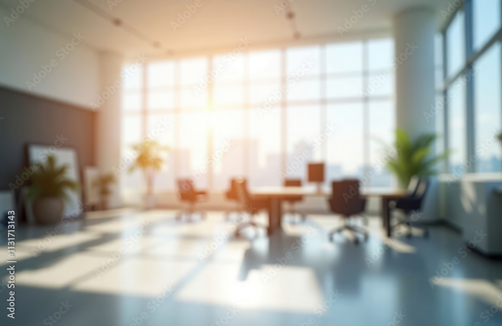 Poster Modern office interior with panoramic windows. Sunlight streams in. Bright and airy space. Blurred background creates a calming effect. Empty modern workspace. Suitable for business concepts.