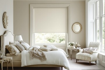 Elegant bedroom with beige roller blind, large window, and comfortable bedding.