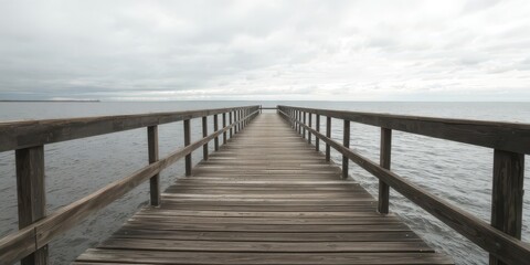 Obraz premium Empty wooden pier stretching out towards calm sea under a cloudy sky, nature