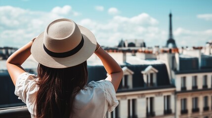 Fototapeta premium Woman wearing a straw hat is standing on a balcony overlooking a city