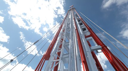 Obraz premium Low-angle view of a tall red and white tower against a blue sky with clouds.