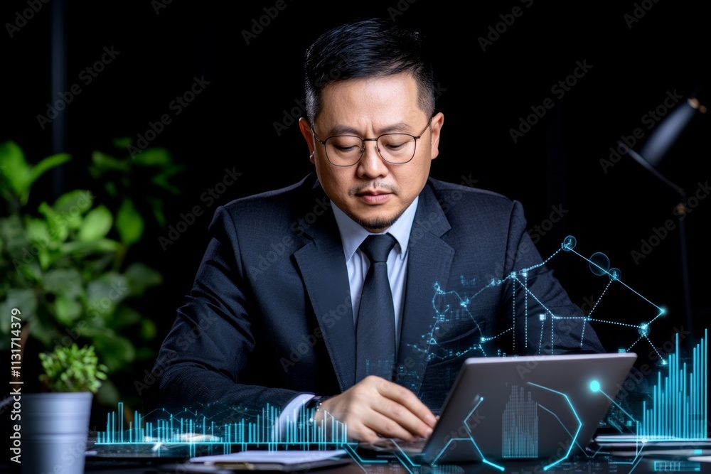 Aufkleber a cfo in a sleek office reviewing financial data on an erp system, with a glowing pie chart and bar 