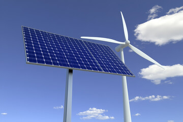 Obraz premium Modern Renewable Energy Systems Featuring Solar Panels and Wind Turbines Under Clear Skies for Sustainable Power Generation Solutions