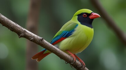 Obraz premium Green bird perched on branch, vibrant plumage. (2)