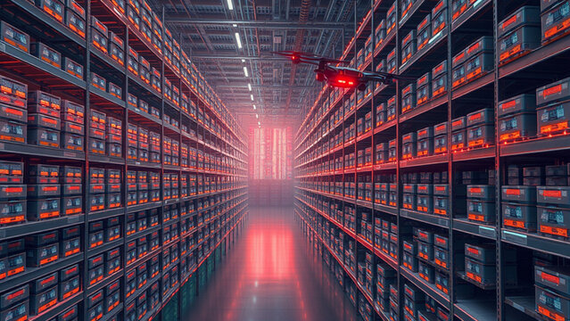 futuristic warehouse or storage facility. The scene is filled with neatly organized shelves stacked with boxes, and there seems to be a digital overlay