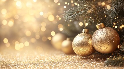 Gold Christmas Ornaments, Glitter, Festive Background