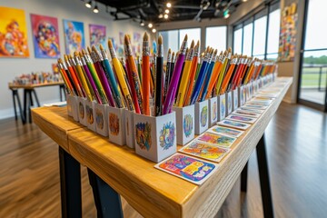 A colorful workshop setting with tools for self-esteem building, such as vision boards, journals, and goal-setting cards