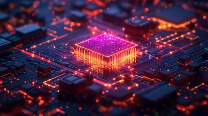 Obraz premium Abstract Circuit Board with Glowing Microchip and Colorful Lights