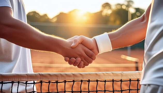 Two man tennis players exchange a handshake over the net, under the warm glow of a setting sun. A moment of sportsmanship captured by Generative AI.