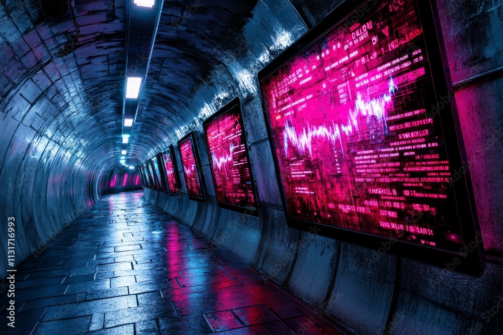 Aufkleber A cyberpunk-themed error screen with neon glitch effects and distorted text projected in a dark futuristic setting