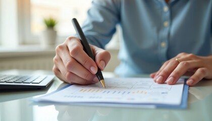 Person reviewing online reviews. Individual evaluating data on document. Assessment, auditing process. Person reviews business evaluation data. Focused business person examining data. Examining