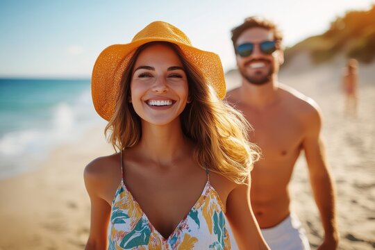 A cheerful couple enjoys a sunny day at the beach, with a smiling woman in a vibrant dress and hat leading the way, followed by a man in sunglasses.