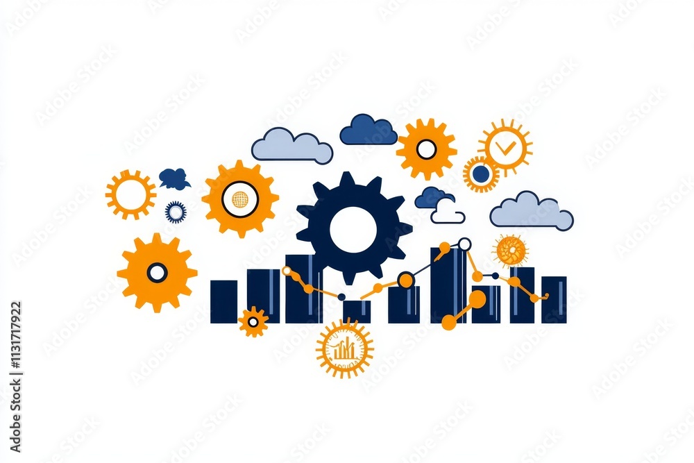 Poster A flat 2D depiction of interconnected ERP modules represented as colorful icons like gears, graphs, and clouds, on a clean white background