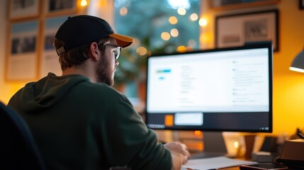A programmer wearing a hat is intently focused on a computer screen, embodying concentration and technical skill in a modern, aesthetically pleasing workspace.