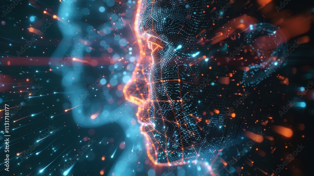 Poster artificial intelligence face emerging from big data flow with glowing blue and orange particles movi