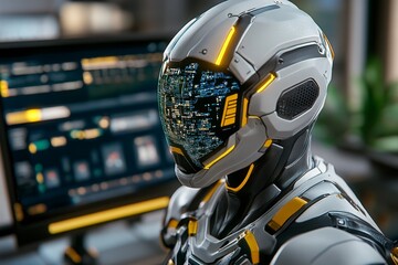 A futuristic laboratory setup with holographic interfaces controlling robotic lab equipment