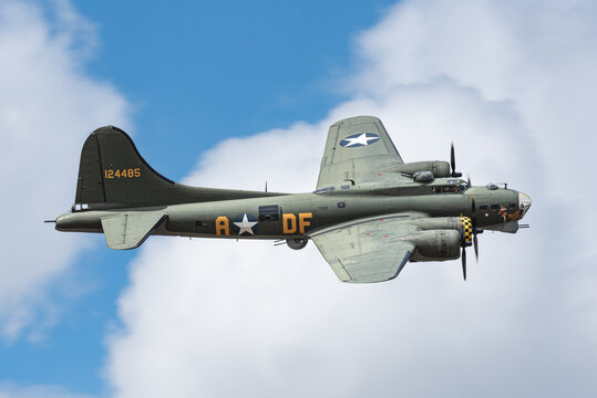 Old Buckenham, England, UK, July 30 2023: B-17 Flying Fortress vintage World War II bomber aircraft flying at the air show