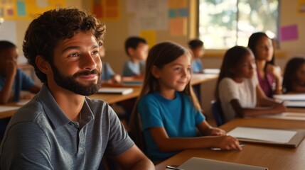 Fototapeta premium Teacher and students in classroom, attentive, learning, engaged.