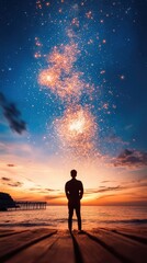 Obraz premium A person stands on a dock gazing at dazzling fireworks under a captivating sky, evoking feelings of wonder and admiration at the stunning display.