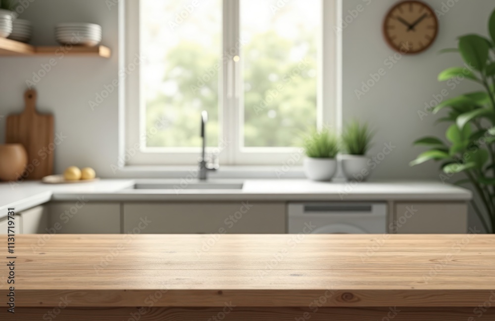 Poster wooden table top in modern kitchen. blurred background shows clean kitchen with window. empty space 
