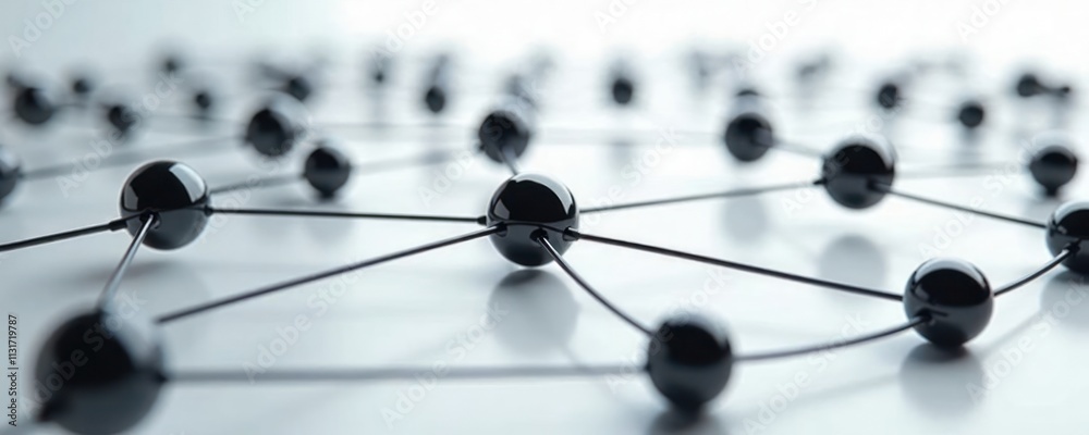 Poster Abstract tech design shows network nodes connected by lines. Complex structure for communication visualized. Modern tech concept for internet digital network. Visual representation of data flow.