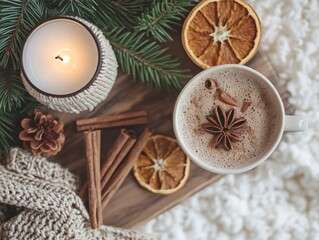 Naklejka premium Cozy winter scene with hot cocoa, candle, and spices.