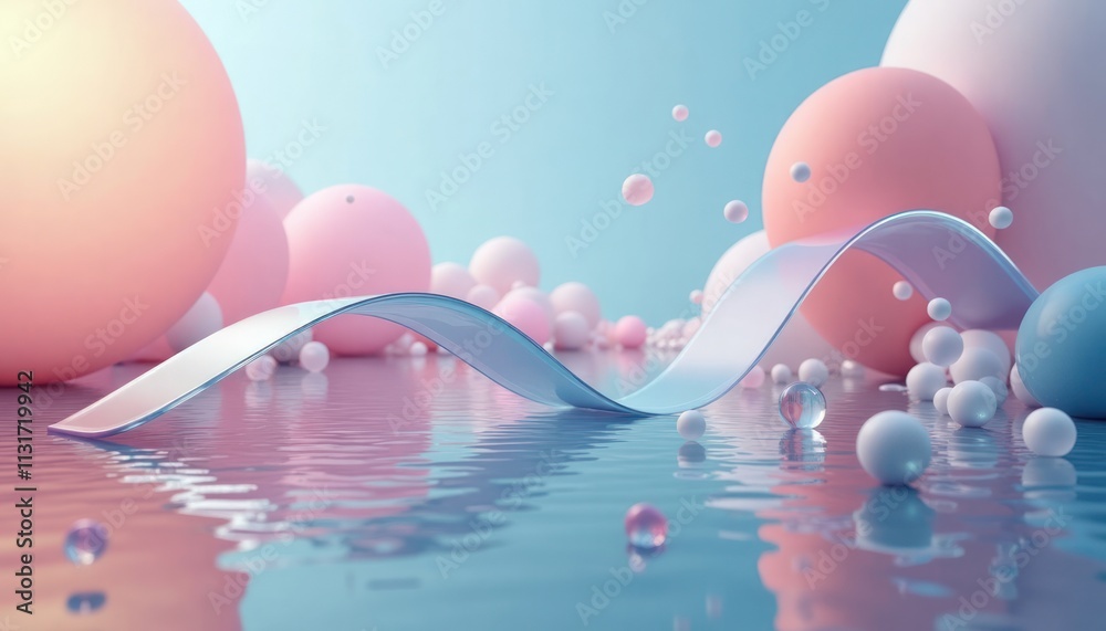 Poster abstract 3d scene shows transparent light blue ribbon over water surface. floating geometric shapes 
