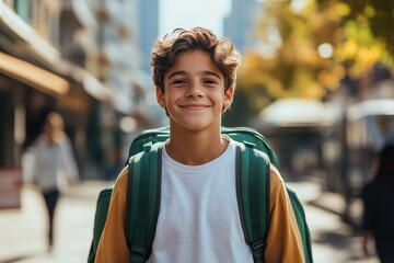 Fototapeta premium A young boy with a wide smile and backpack enjoying a sunny day in the city, representing youthful curiosity and the excitement of exploration.