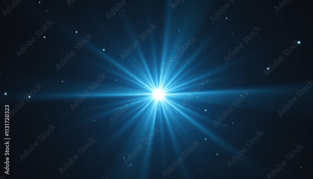 Poster Bright blue light burst shines in dark space creating starburst effect. Light rays radiate from central point. Abstract digital graphic design. Ideal for tech sci-fi themes. Use as backdrop for video