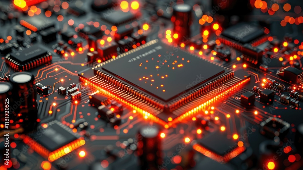Poster close-up of a glowing microprocessor on a circuit board with intricate detail.