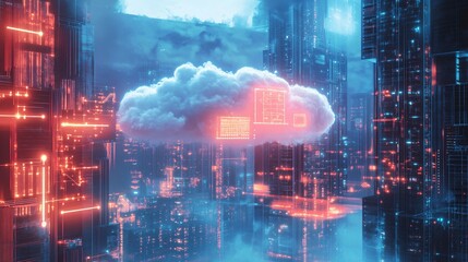 Fototapeta premium Cloud Computing Over Futuristic Cityscape Neon Lights