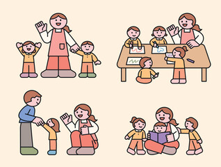 Cute children and teachers at the daycare center. They are drawing pictures and reading books together and having fun learning. Cuttiny character with outline.