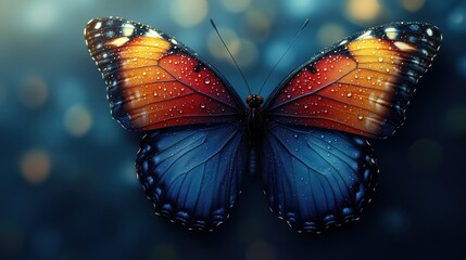 A close-up of a vibrant butterfly with droplets on its wings, set against a blurred background.