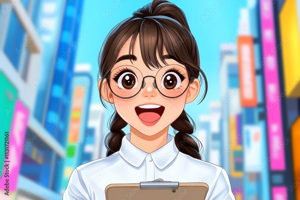 Poster a pixel art character holding a clipboard with a detailed estimate, set against a colorful cityscape