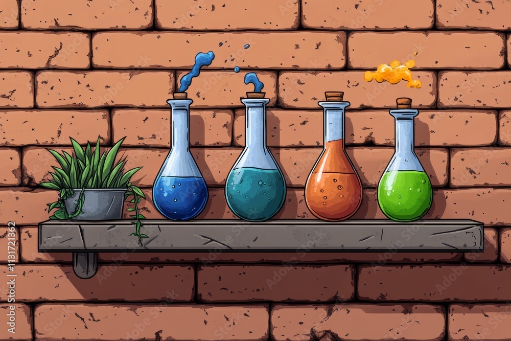 Poster A pixel art representation of a lab bench with animated bubbling flasks and colorful liquids, styled in retro game graphics
