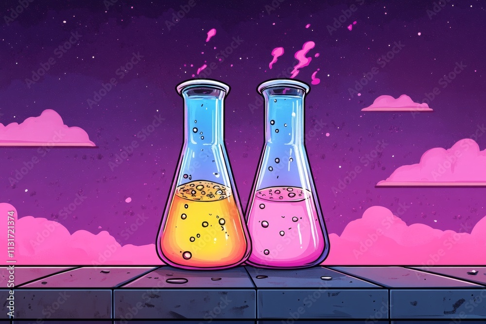 Poster A pixel art representation of a lab bench with animated bubbling flasks and colorful liquids, styled in retro game graphics