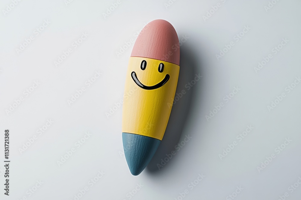 Poster a playful 2d illustration of a colorful eraser erasing a doodle of a smiling face, isolated on a bri