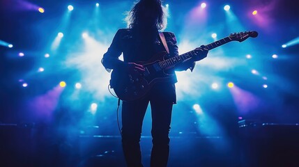 Fototapeta premium Silhouette musician plays guitar on stage. Blue, purple stage lights. Live music performance. Energetic music concert. Crowd possibly present. Night time event. Concert hall arena. Rock pop music.