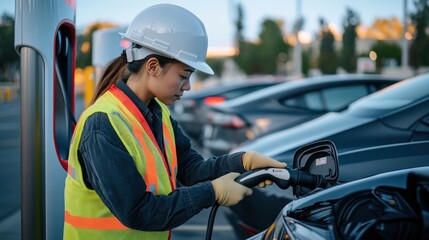 Female technician in safety vest and hardhat connects electric vehicle to charging station.