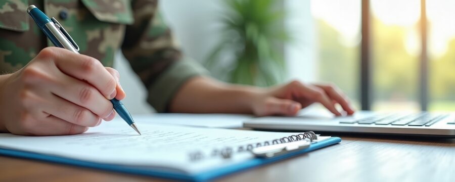 Person in military uniform fills out paperwork for financial relief programs. Military personnel completes forms for loan repayment assistance. Individual uses pen, notebook to apply for financial